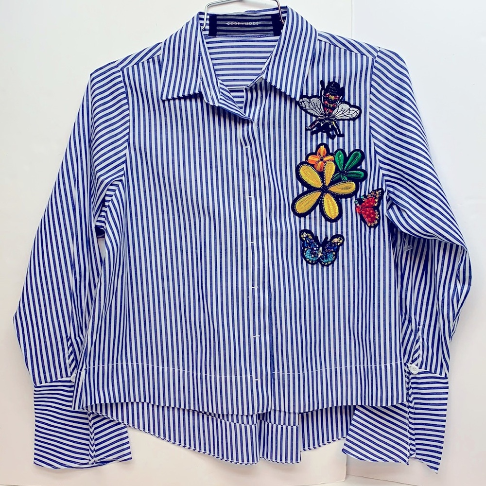 Code x Mode Blue & White Striped Appliqué Shirt XS